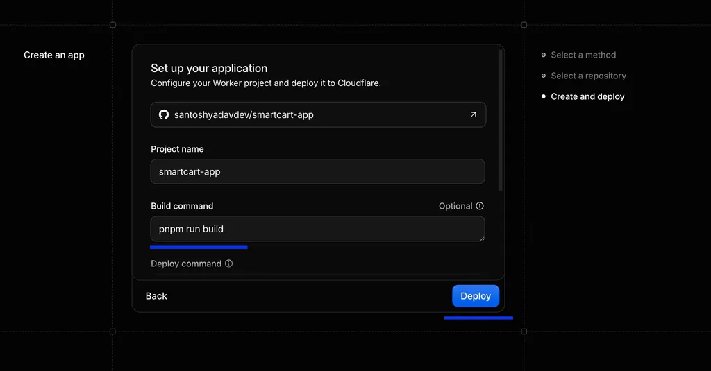 Cloudflare deploy configuration screen showing the auto-detected build command and the Deploy button.