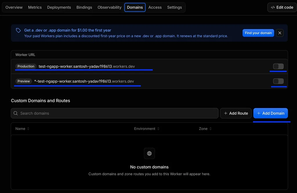 Cloudflare Domains tab showing the production URL, preview URLs, and custom domain settings for the deployed Worker.