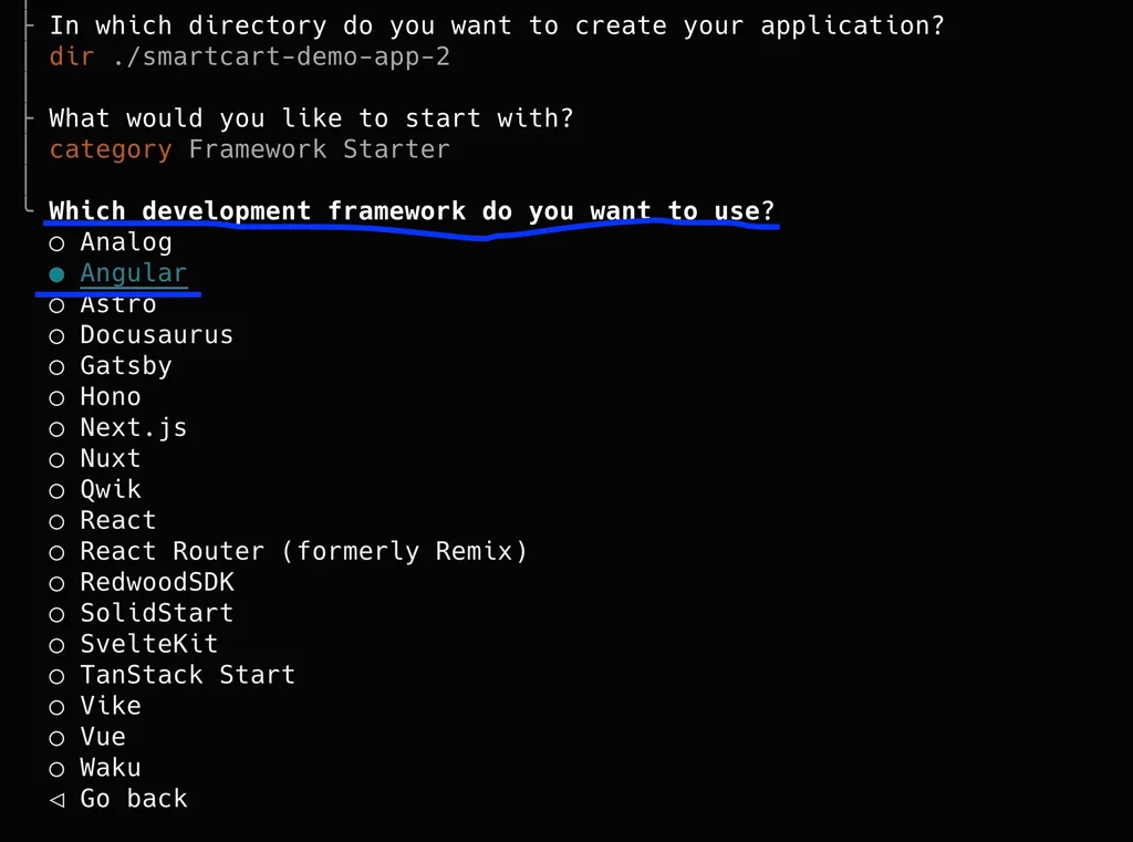create-cloudflare CLI prompt for choosing a framework, with Angular selected.